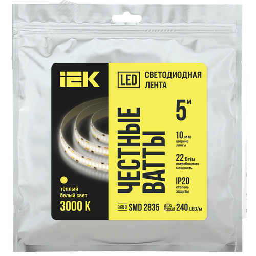 Изображение товара Лента светодиодная 5 м SMD2835 240LED/м 22Вт/м IP20 ширина 10мм 24В теплый белый (шт)