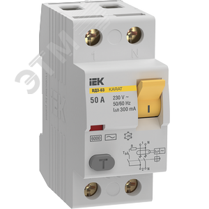 Изображение товара Выключатель дифференциальный (УЗО) KARAT ВД3-63 2P 50А 300мА 6кА тип AC (шт)