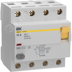 Изображение товара Выключатель дифференциальный (УЗО) KARAT ВД3-63 4P 50А 30мА 6кА тип AC (шт)