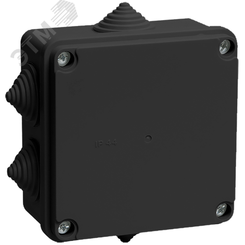 Изображение товара Коробка распаячная КМ41233 для открытой проводки безгалогенная (HF) 100х100х50мм IP44 6 гермовводов черная (RAL 9005) IEK (шт)
