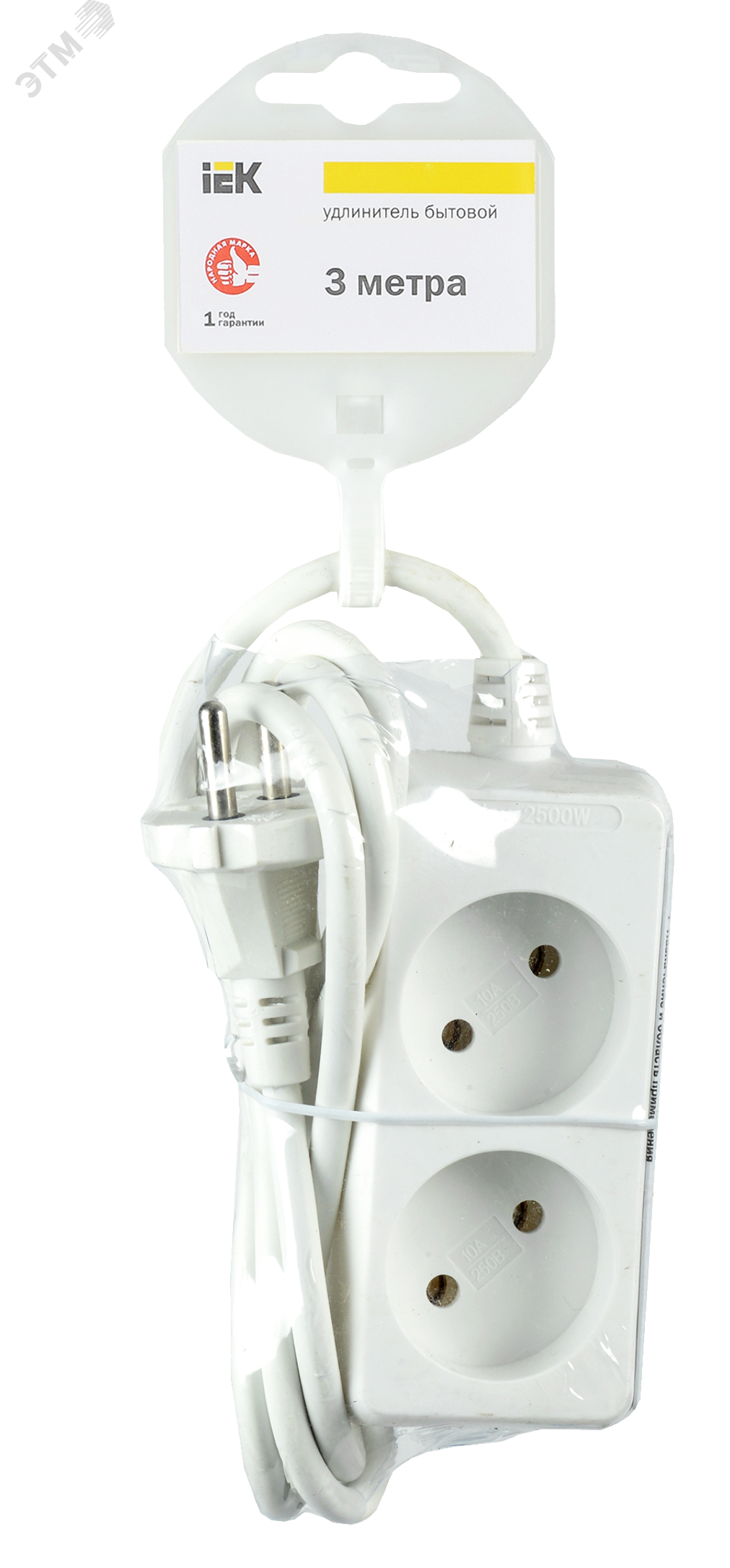 Изображение товара Удлинитель бытовой 2 розетки шнур 3м без заземления IEK У2