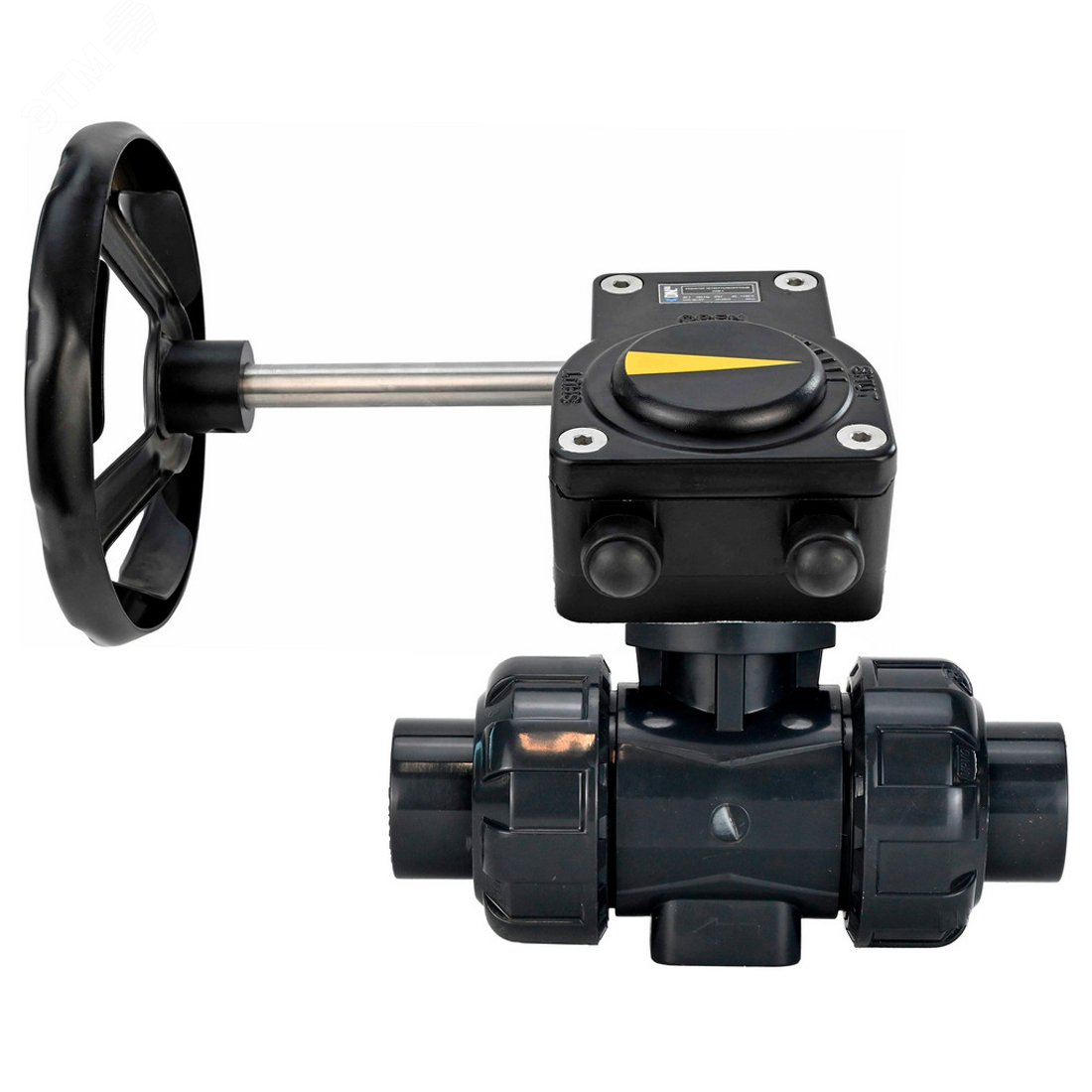 Изображение товара Кран шаровой НПВХ-НПВХ-E-FP-GRM-ISO Дн50 Ру10 полнопроходной, клеевой с разборным муфтовым соединением, корпус НПВХ, шар НПВХ, уплотнение EPDM, с редуктором HAM-1 (шт)