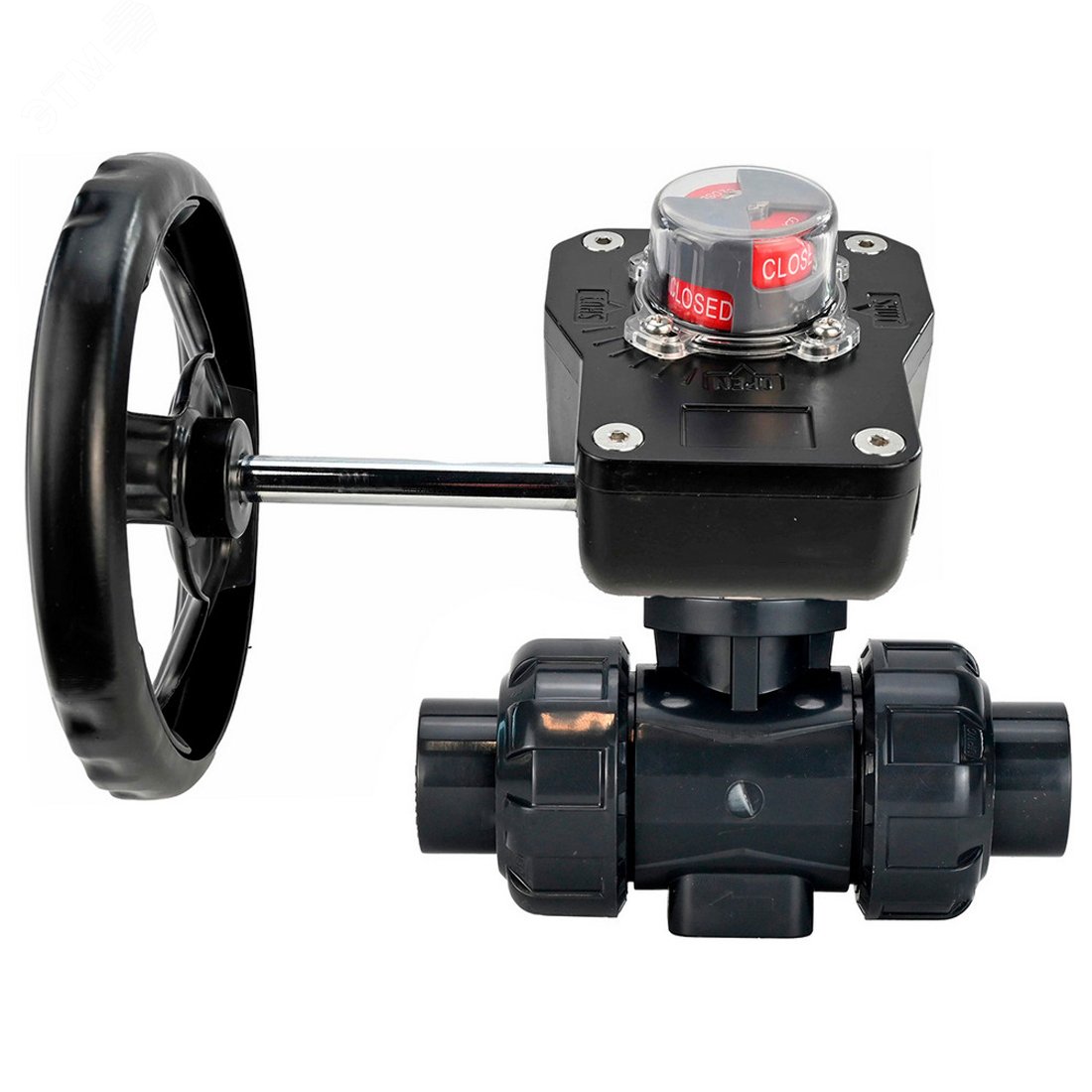 Изображение товара Кран шаровой НПВХ-НПВХ-E-FP-GRM-ISO Дн50 Ру10 полнопроходной, клеевой с разборным муфтовым соединением, корпус НПВХ, шар НПВХ, уплотнение EPDM, с редуктором HGB-1 с визуальным указателем положения (шт)