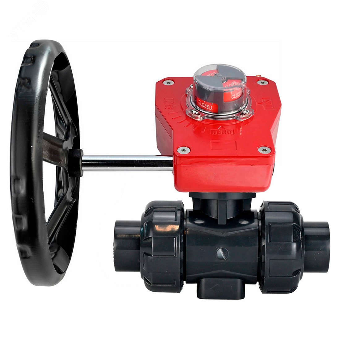 Изображение товара Кран шаровой НПВХ-НПВХ-E-FP-GRM-ISO Дн50 Ру10 полнопроходной, клеевой с разборным муфтовым соединением, корпус НПВХ, шар НПВХ, уплотнение EPDM, с редуктором HGBF-1 с визуальным указателем положения и датчиком обратной связи (шт)