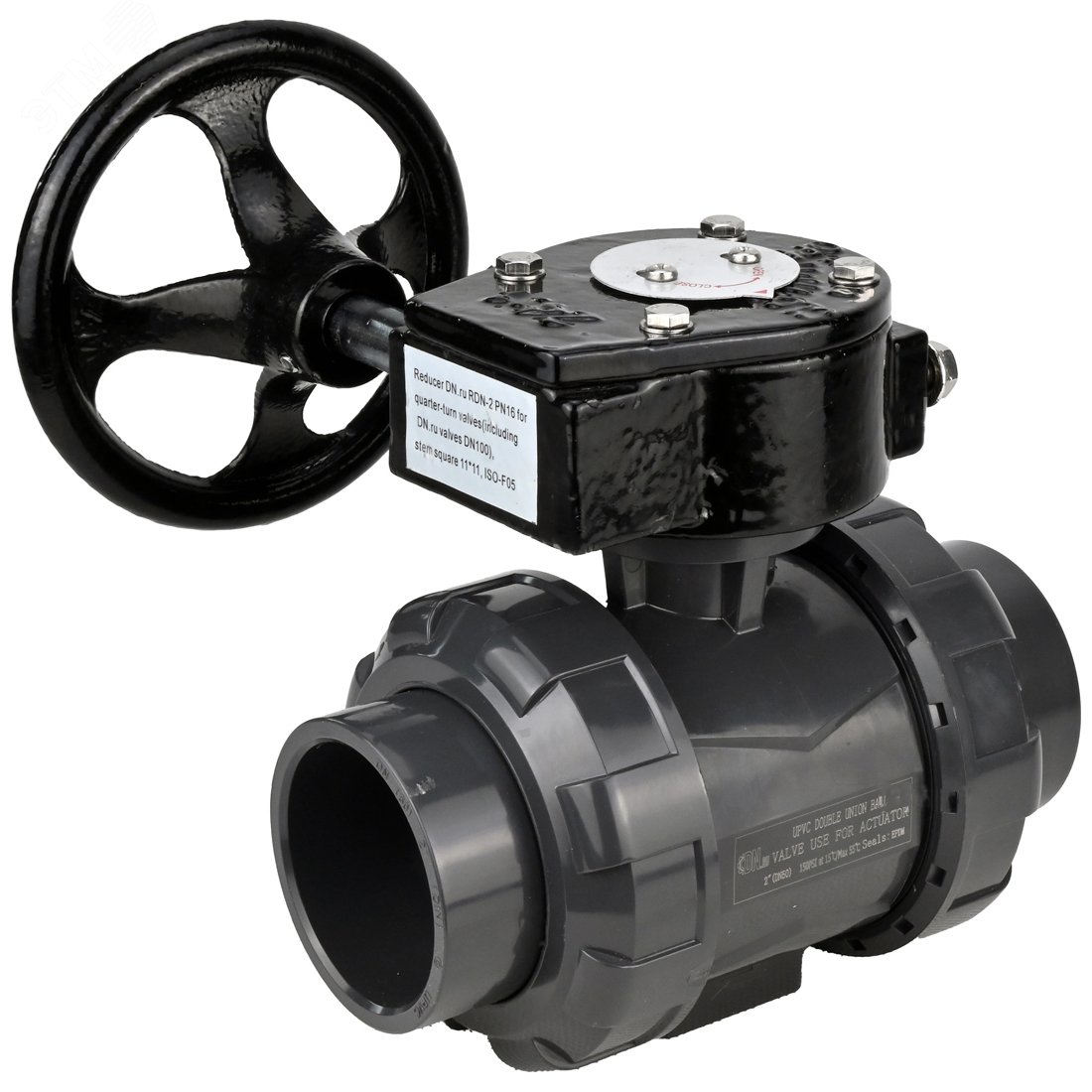 Изображение товара Кран шаровой НПВХ-НПВХ-E-FP-GRM-ISO Дн50 Ру10 полнопроходной, клеевой с разборным муфтовым соединением, корпус UPVC (НПВХ), шар UPVC (НПВХ), уплотнение EPDM, с редуктором RDN-2 (шт)