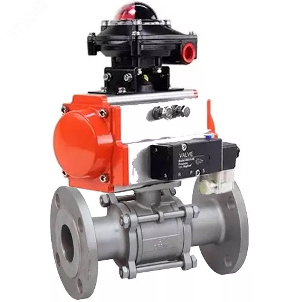 Изображение товара Кран шаровой КШФПТ.304.180 Ду65 Ру25, трехсоставной полнопроходной фланцевый, нержавеющая сталь SS304, уплотнение PTFE, пневмопривод DA-105 двойного действия, пневмораспределитель PND2-S1EM-52-1NC-J08-24VDC, с БКВ LSB-210-02NM12-220/24 (шт)