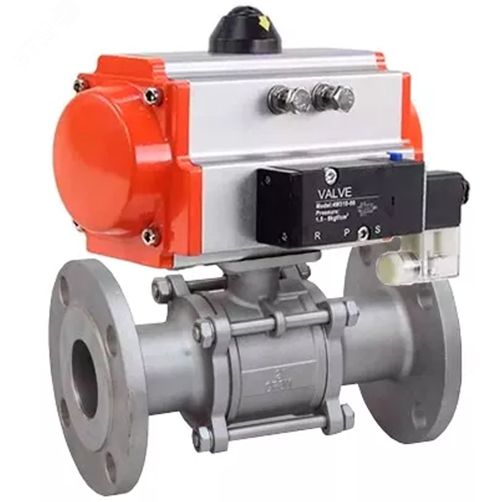 Изображение товара Кран шаровой КШФПТ.304.180 Ду65 Ру25, трехсоставной полнопроходной фланцевый, нержавеющая сталь SS304, уплотнение PTFE, пневмопривод DA-105 двойного действия, пневмораспределитель PND2-S1EM-52-1NC-J08-220VAC, с БПВ APU1-10-40-V08 (шт)