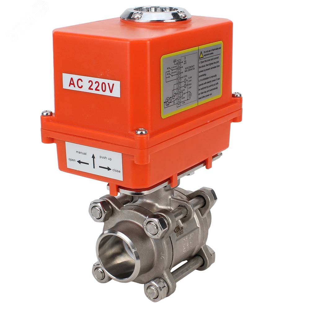 Изображение товара Кран шаровой КШПП 316.200-ISO Ду20 Ру63 полнопроходной двухходовой, нержавеющая сталь SS316, под приварку, уплотнение PTFE, 1/4-оборотный электропривод 003 220В MINI (шт)