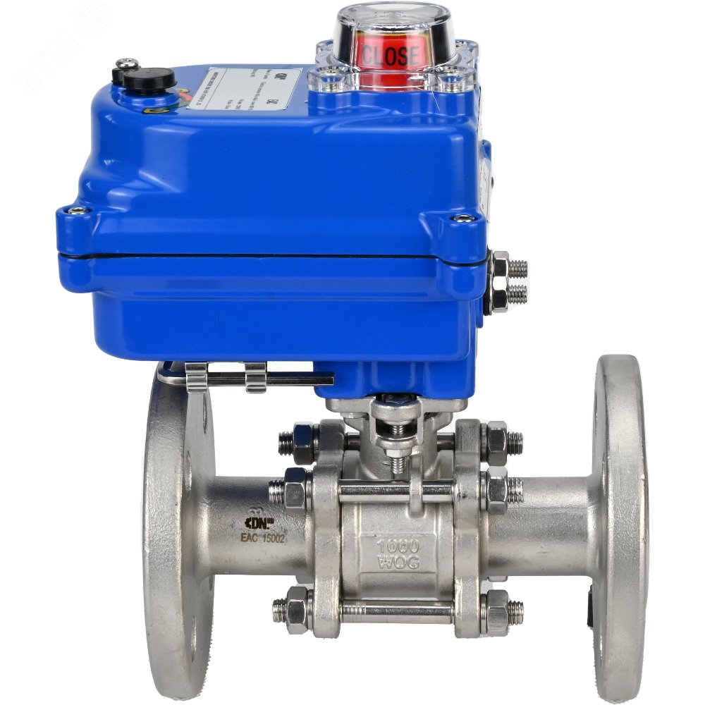 Изображение товара Кран шаровой КШФПТ-ISO.304.180 Ду20 Ру40 полнопроходной трехсоставной, нержавеющая сталь SS304, фланцевый, уплотнение PTFE, электропривод 003 blue 220В (шт)