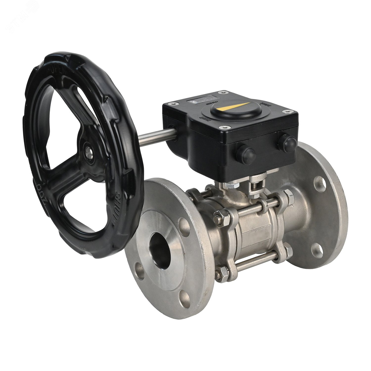 Изображение товара Кран шаровой КШФПТ-ISO.316.180 Ду80 Ру25 трехсоставной из нержавеющей стали SS316, уплотнение PTFE, фланцевый, полнопроходной ISO-фланец, редуктор HAM-1 (шт)