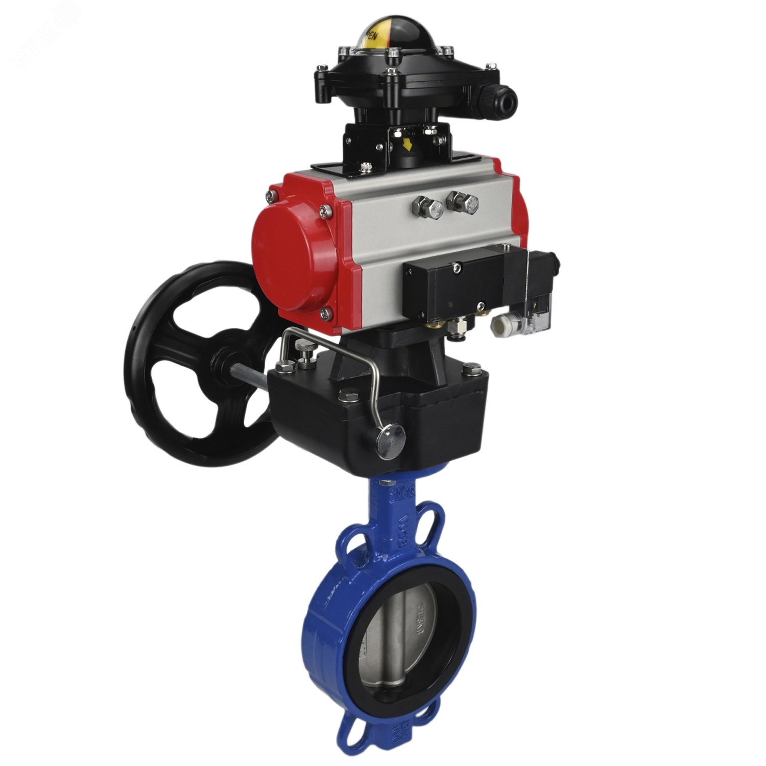 Изображение товара Затвор дисковый WCB-316L-EPDM Ду65 Ру16, корпус углеродистая сталь WCB, диск нержавеющая сталь 316L, уплотнение EPDM, пневмопривод DA-065, пневмораспределитель PND2-S1EM-52-1NC-J08-220VAC, БКВ LSB-210-02NM12-220/24, ручной дублёр HDM-1 (шт)