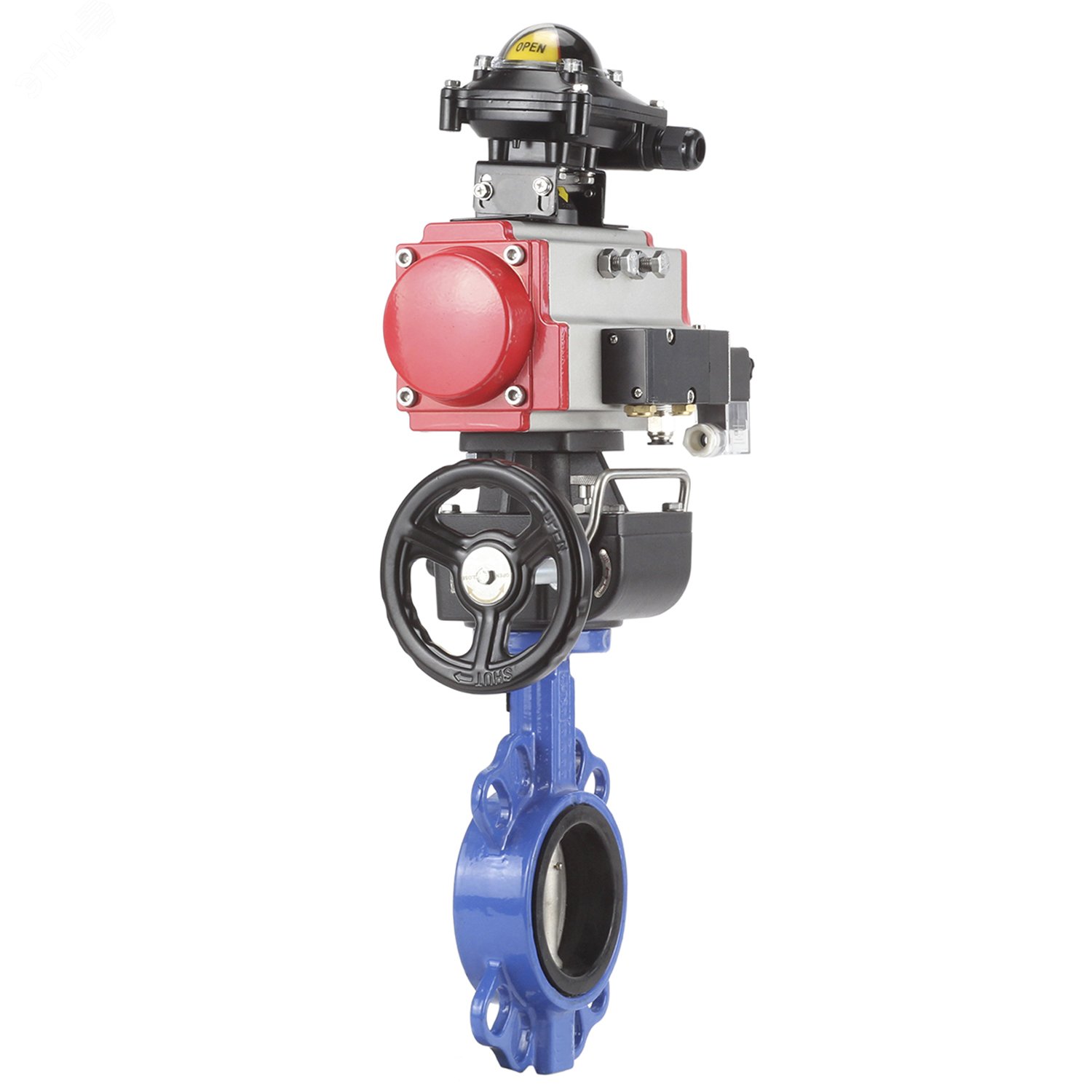 Изображение товара Затвор дисковый WCB-316L-NBR Ду250 Ру16, корпус углеродистая сталь WCB, диск нержавеющая сталь 316L, уплотнение NBR, пневмопривод DA-140, пневмораспределитель PND2-S1EM-52-1NC-J08-220VAC, БКВ LSB-210-02NM12-220/24, ручной дублёр HDM-4 (шт)