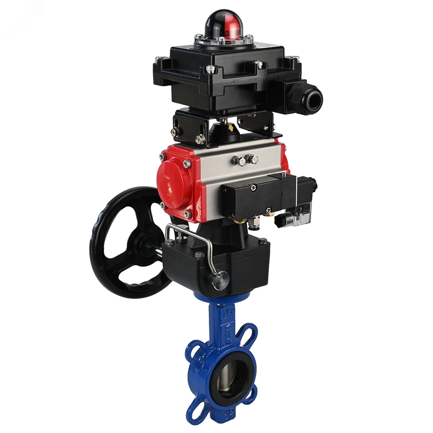 Изображение товара Затвор дисковый WCB-316L-EPDM Ду100 Ру16, корпус углеродистая сталь WCB, диск нержавеющая сталь 316L, уплотнение EPDM, пневмопривод DA-083, пневмораспределитель PND2-S1EM-52-1NC-J08-220VAC, БКВ LSB-410-02ExM12-250, ручной дублёр HDM-2 (шт)