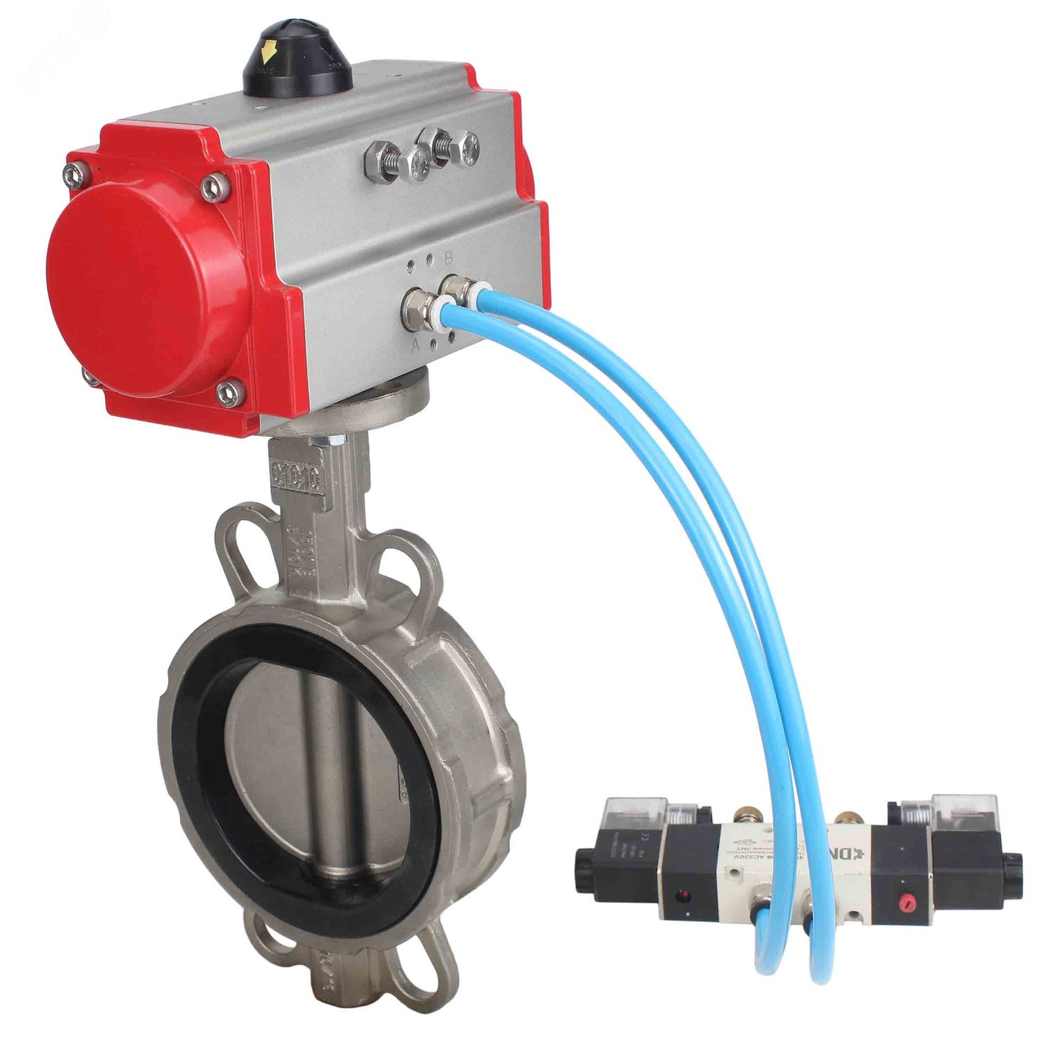 Изображение товара Затвор дисковый поворотный 304-304-VITON-2W-Fb-H Ду80 Ру16, корпус нержавеющая сталь 304, диск нержавеющая сталь 304, уплотнение VITON, с пневмоприводом SA-105 и пневмораспределителем PND1-S2EM-52-2-T08-220VAC (шт)