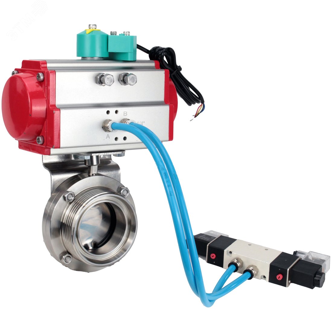 Изображение товара Затвор дисковый поворотный 304-304-Sil-2W-T-H Ду20 Ру10 резьбовой, корпус пищевая нержавеющая сталь 304, Silicon, с пневмоприводом SA-065, пневмораспределителем PND2-S1EM-52-1NC-J08-24VDC NAMUR и магнитным переключателем МППП-200 (шт)