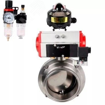 Изображение товара Затвор дисковый поворотный 304-304-Sil-2W-T-H Ду40 Ру10 пищевая нержавеющая сталь 304, уплотнение Silicon, с пневмоприводом SA-065, пневмораспределителем PND2-S1EM-52-1NC-J08-220VAC, БКВ LSB-510-02ExM12-250 и БПВ APU1-10-40-V08 (шт)