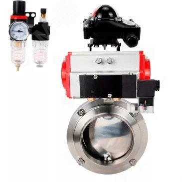 Изображение товара Затвор дисковый поворотный 304-304-EPDM-2W-T-H Ду25 Ру10 пищевая нержавеющая сталь 304, уплотнение EPDM, с пневмоприводом SA-065, пневмораспределителем PND2-S1EM-52-1NC-J08-220VAC, БКВ LSB-210-02NM12-220/24 и БПВ APU1-10-40-V08 (шт)