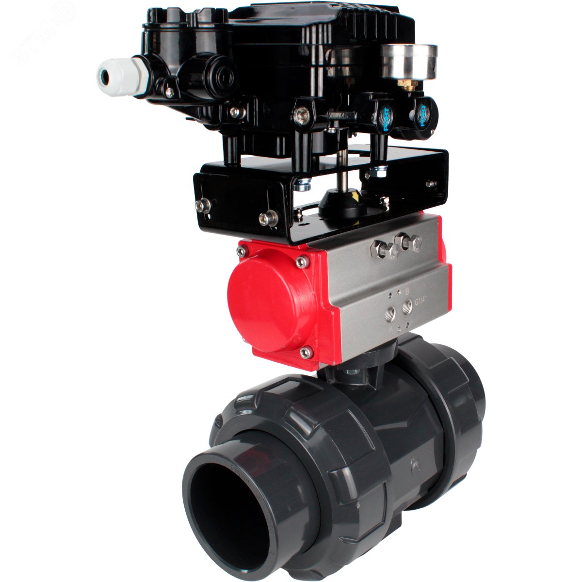 Изображение товара Кран шаровой полнопроходной НПВХ 20 мм Ру10 с пневмоприводом и электропозиционером