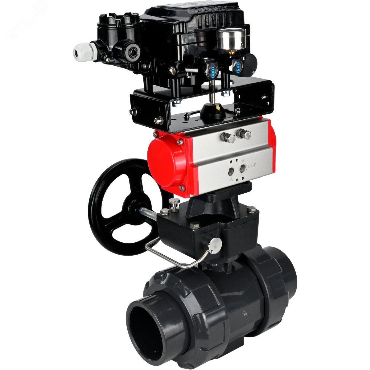 Изображение товара Кран шаровой НПВХ полнопроходной ДН50 Ру10 с пневмоприводом и ручным дублером