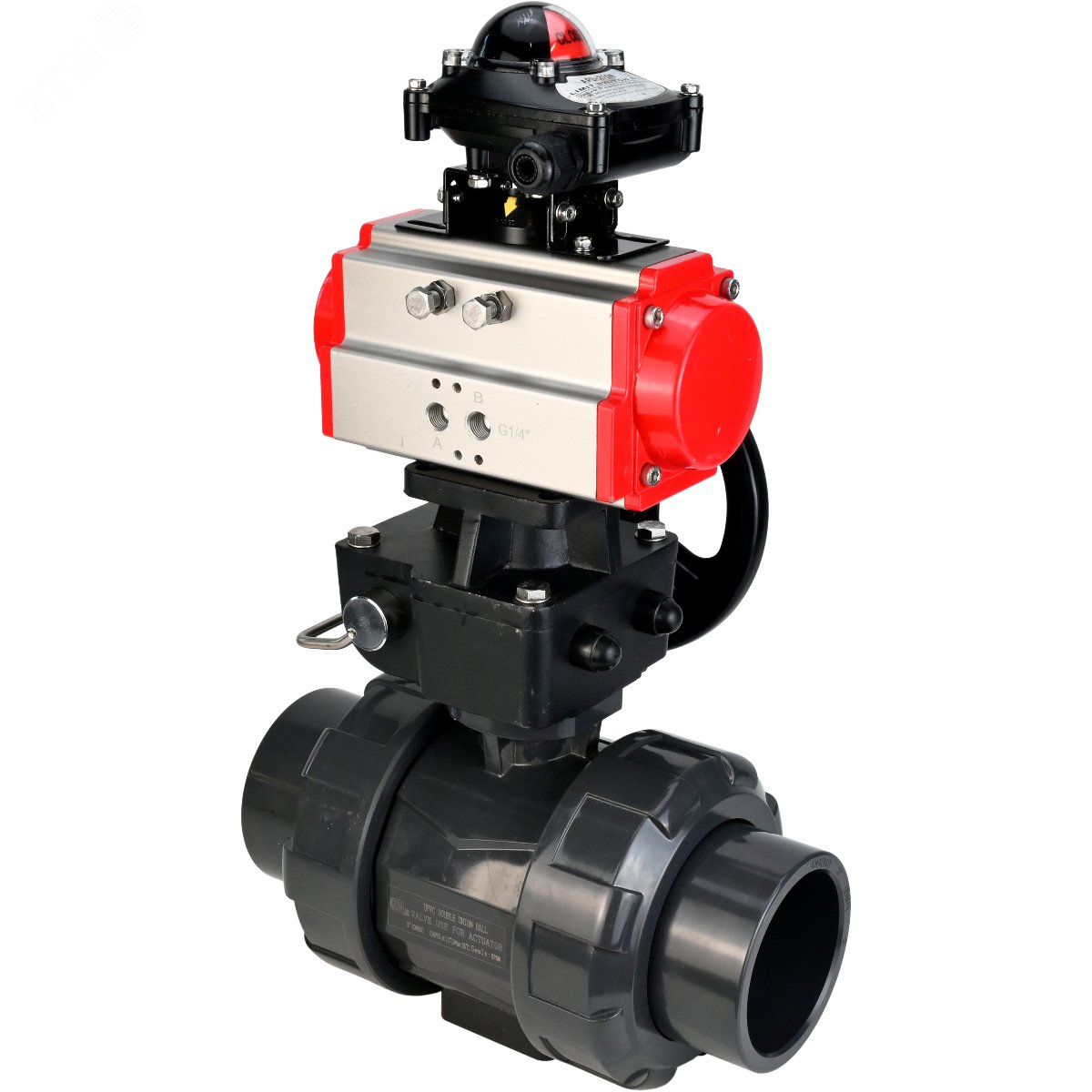 Изображение товара Кран шаровой НПВХ полнопроходной с пневмоприводом и взрывозащищенным БКВ Дн65