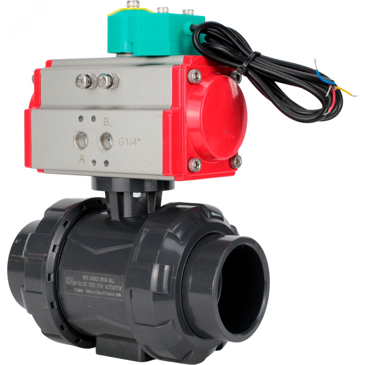 Изображение товара Пополнопроходной кран шаровой из НПВХ с пневмоприводом и магнитным переключателем 15 мм