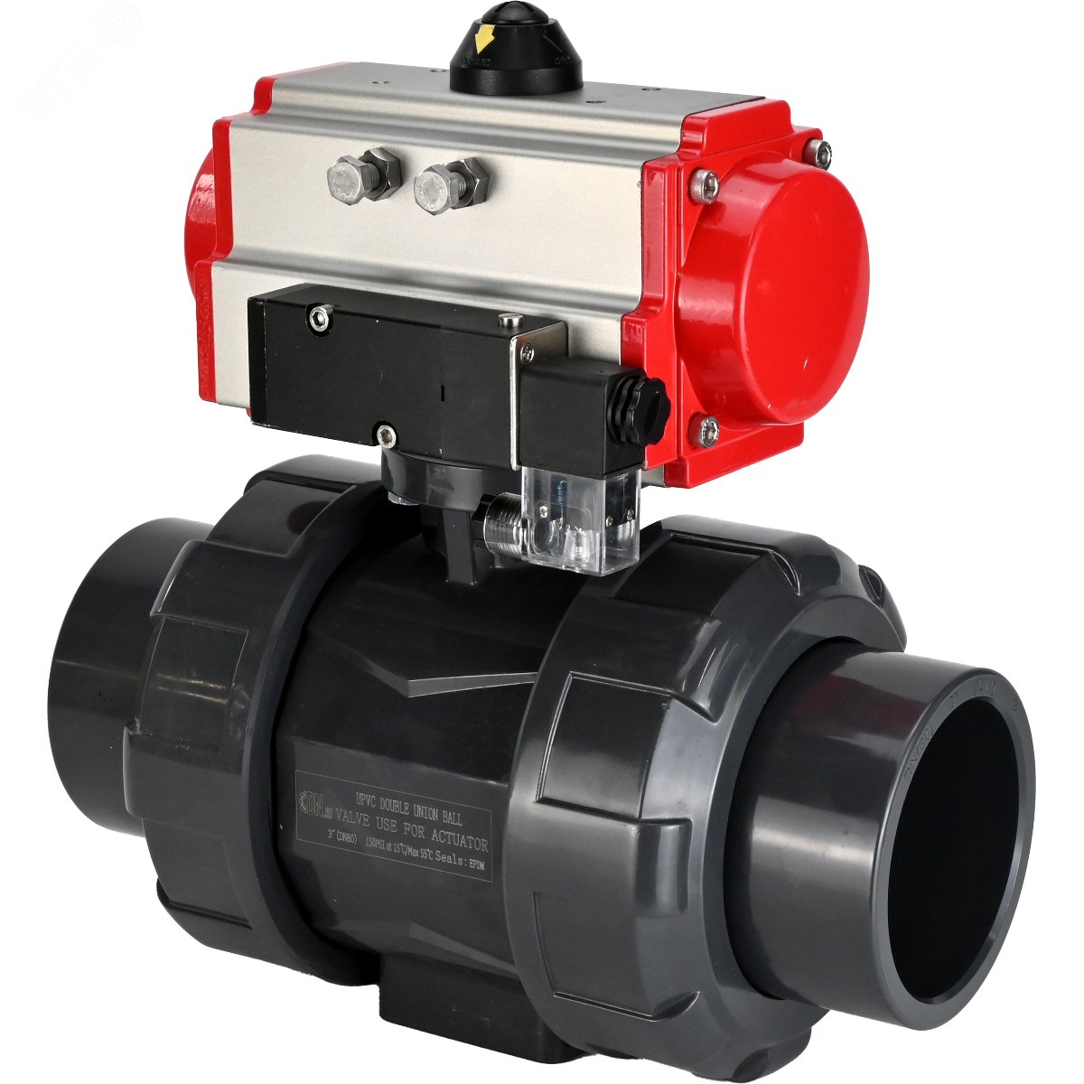 Изображение товара Кран шаровой полнопроходной НПВХ DN25 Ру10 с пневмоприводом и пневмороспределителем