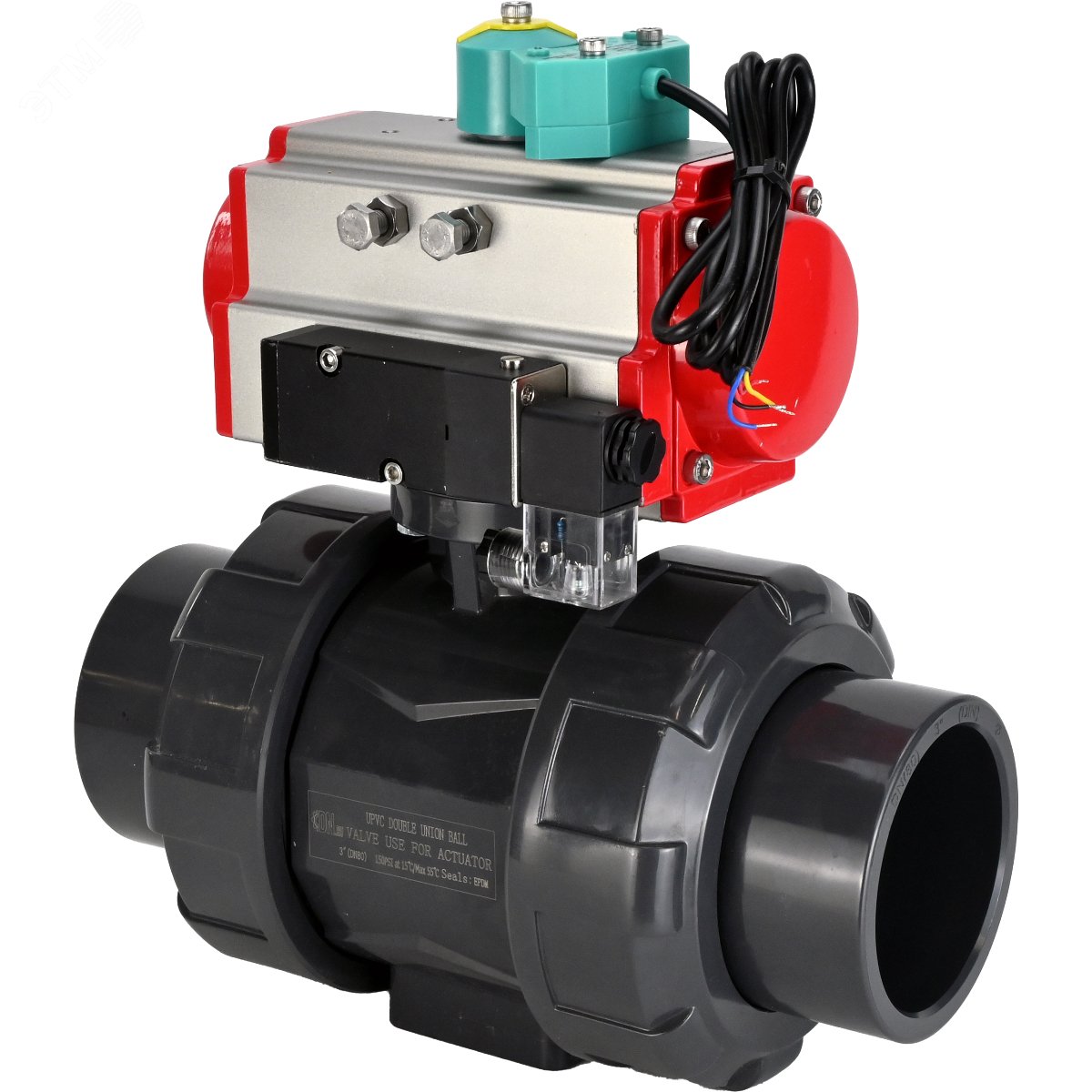 Изображение товара Кран шаровой НПВХ полнопроходной Дн32 Ру10 с пневмоприводом и магнитным переключателем