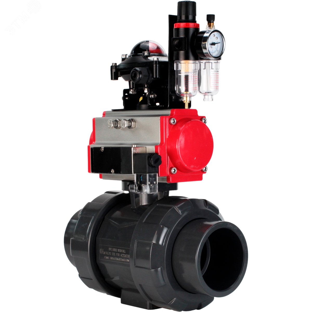 Изображение товара Кран шаровой НПВХ-НПВХ-E-FP-GRM-ISO Дн40 Ру10 полнопроходной, корпус НПВХ, шар НПВХ, уплотнение EPDM, с пневмоприводом SA-065, пневмораспределителем PND2-S1EM-52-1NC-J08-220VAC, БКВ LSB-210-02NM12-220/24 и БПВ APU1-10-40-V08 (шт)