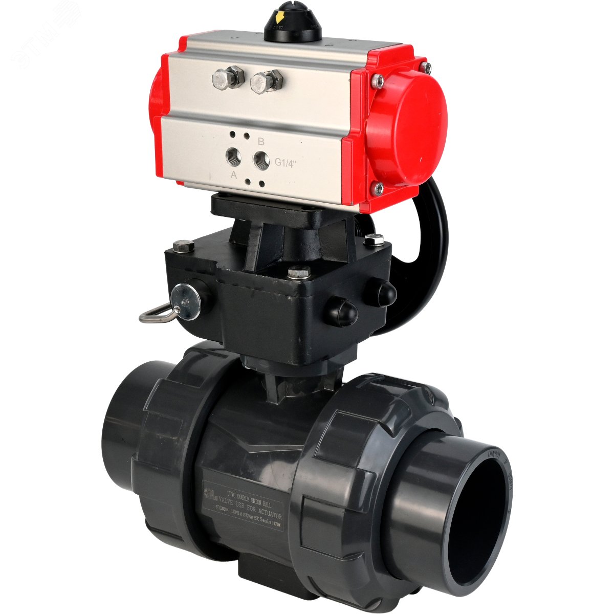 Изображение товара Кран шаровой полнопроходной НПВХ 25 мм Ру10 пневмопривод и ручной дублер