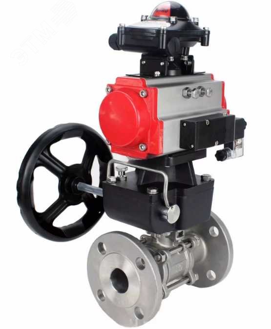 Изображение товара Кран шаровой КШФПТ 304.180 Ду40 Ру40 фланцевый, полнопроходной, трехсоставной, нержавеющая сталь 304, уплотнение PTFE, с пневмоприводом SA-083, пневмораспределителем PND2-S1EM-52-1NC-J08-220VAC, БКВ LSB-210-02NM12-220/24 и БПВ APU1-10-40-V08 (шт)