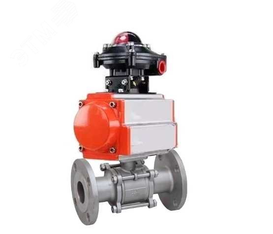 Изображение товара Кран шаровой КШФПТ 304.180 Ду40 Ру40 фланцевый, полнопроходной, трехсоставной, корпус нержавеющая сталь 304, уплотнение PTFE, с пневмоприводом SA-083 и БКВ LSB-210-02NM12-220/24 (шт)