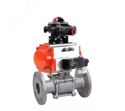 Изображение товара Кран шаровой КШФПТ 304.180 Ду50 Ру40 фланцевый, полнопроходной, трехсоставной, корпус нержавеющая сталь 304, уплотнение PTFE, с пневмоприводом DA-065, пневмораспределителем PND2-S1EM-52-1NC-J08-24VDC и БКВ LSB-210-02NM12-220/24 (шт)