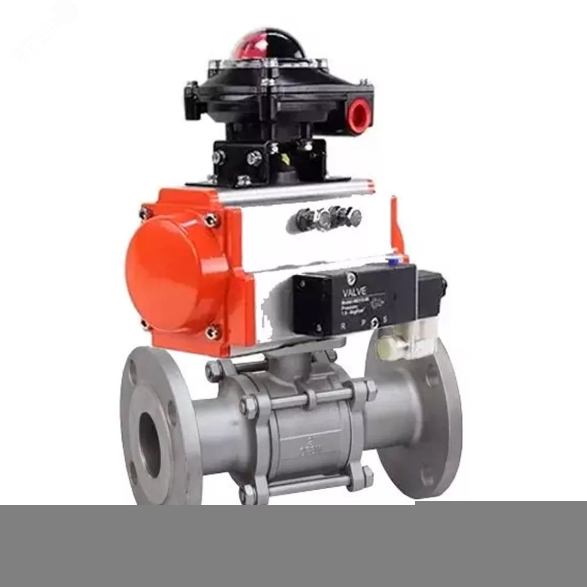 Изображение товара Кран шаровой КШФПТ 304.180 Ду65 Ру25 фланцевый, полнопроходной, трехсоставной, корпус нержавеющая сталь 304, уплотнение PTFE, с пневмоприводом DA-083, пневмораспределителем PND2-S1EM-52-1NC-J08-220VAC и БКВ LSB-210-02NM12-220/24 (шт)