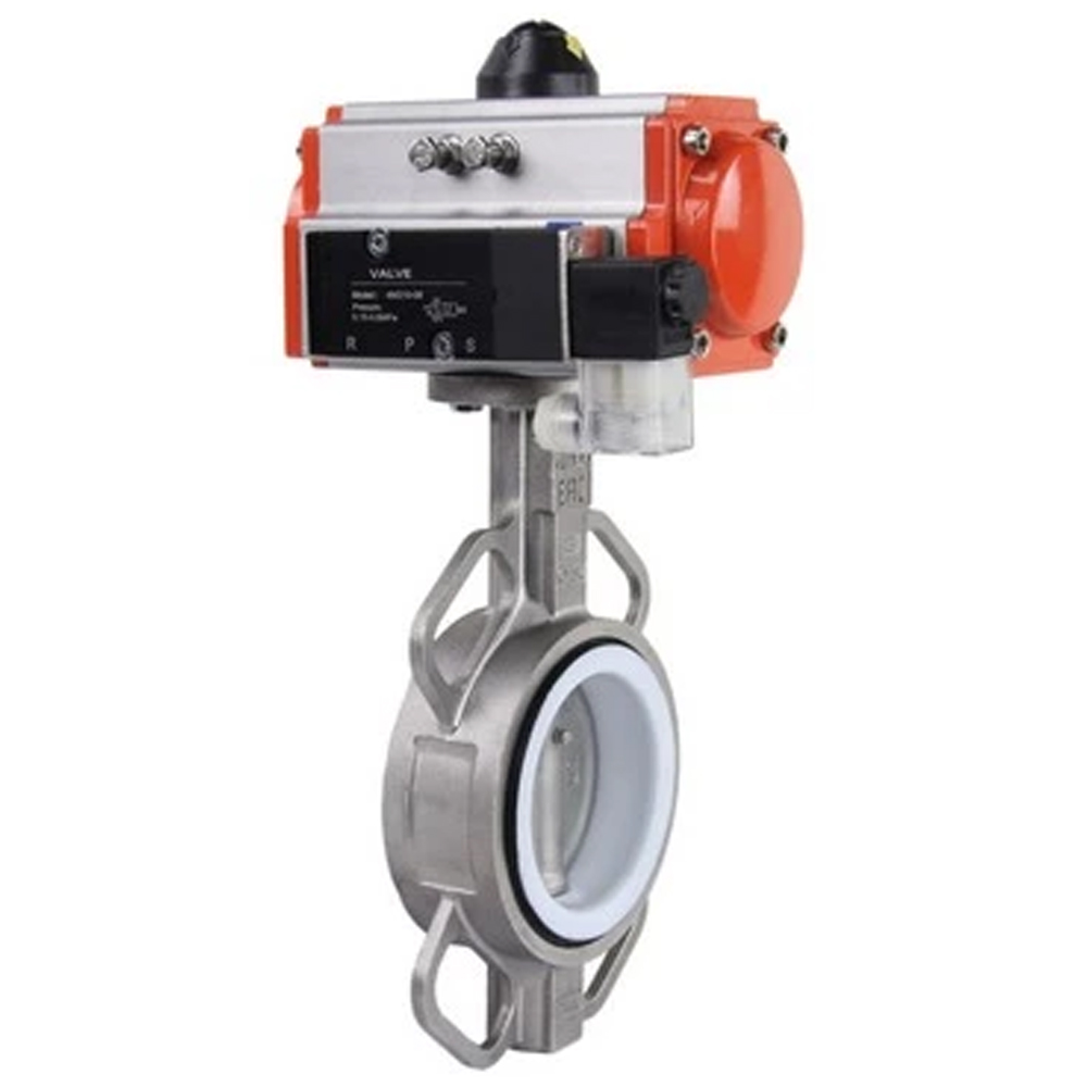 Изображение товара Затвор дисковый поворотный 316L-316L-PTFE Ду50 Ру16, корпус и диск нержавеющая сталь 316L, уплотнение PTFE, с пневмоприводом DA-083 и пневмораспределителем PND2-S1EM-52-1NC-J08-24VDC (шт)