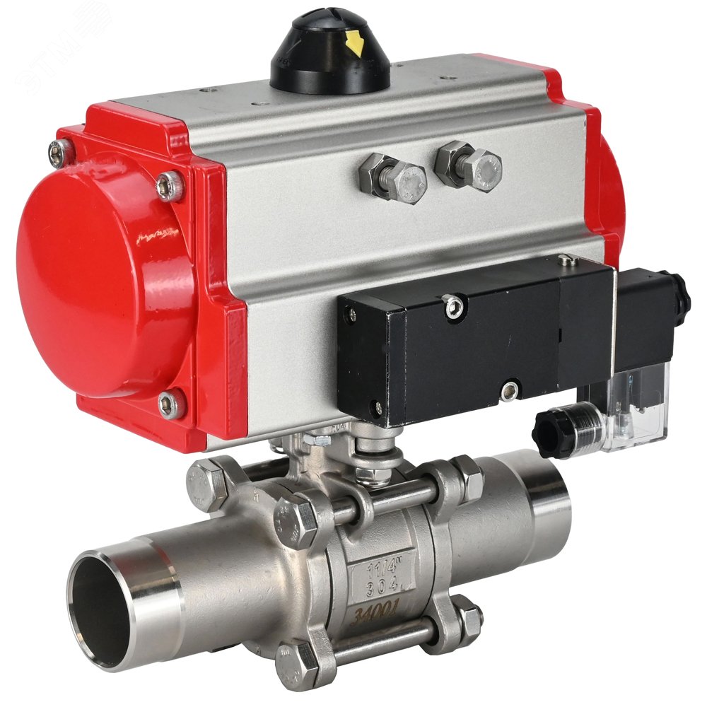 Изображение товара Кран шаровой 304-304-PTFE-W-ISO-H Ду40 Ру40 полнопроходной, корпус нержавеющая сталь 304, уплотнение PTFE, под приварку, пневмопривод SA-105, пневмораспределитель PND2-S1EM-52-1NC-J08-24VDC (шт)