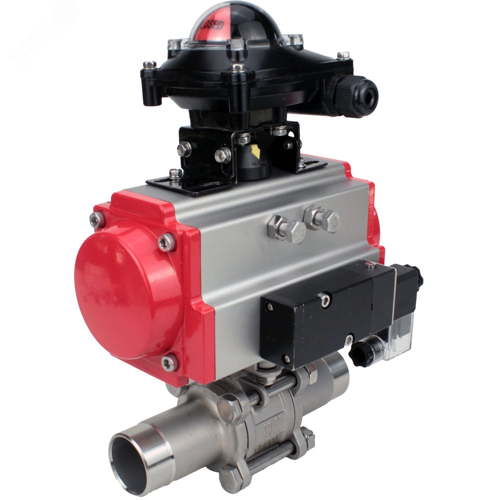 Изображение товара Кран шаровой 304-304-PTFE-W-ISO-H Ду40 Ру40 полнопроходной, корпус нержавеющая сталь 304, уплотнение PTFE, под приварку, пневмопривод DA-065, пневмораспределитель PND2-S1EM-52-1NC-J08-24VDC, БКВ LSB-210-02NM12-220/24 (шт)