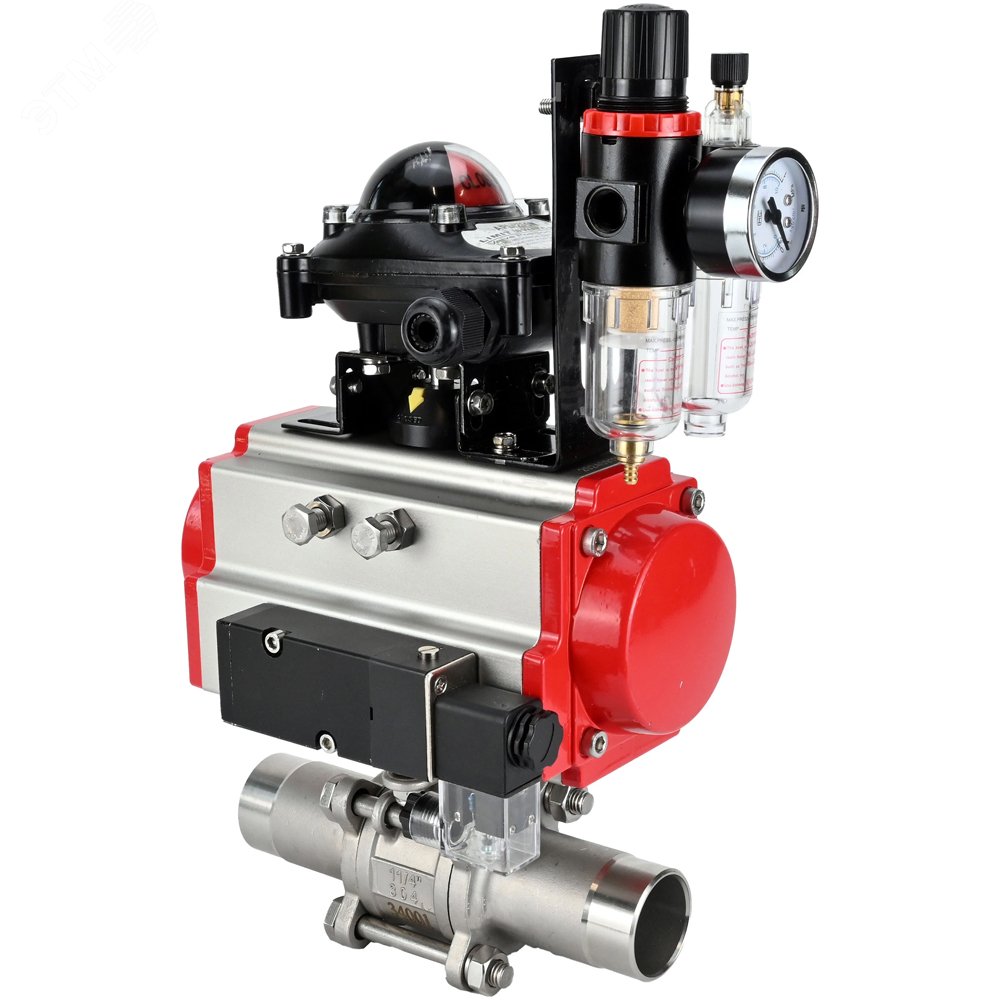 Изображение товара Кран шаровой 304-304-PTFE-W-ISO-H Ду40 Ру40 полнопроходной, нержавеющая сталь 304, уплотнение PTFE, под приварку, пневмопривод SA-105, пневмораспределитель PND2-S1EM-52-1NC-J08-220VAC, БКВ LSB-210-02NM12-220/24, БПВ APU1-10-40-V08 (шт)