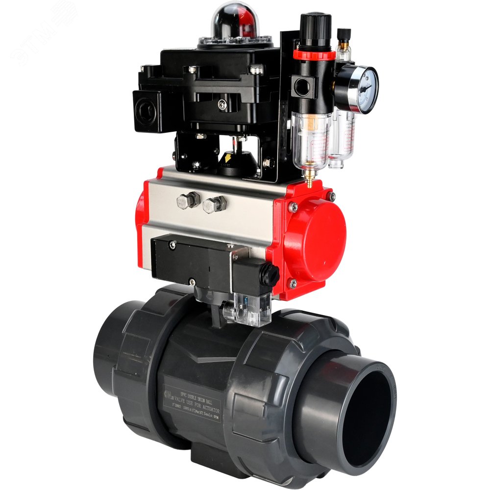 Изображение товара Кран шаровой НПВХ полнопроходной с пневмоприводом и муфтовым соединением Дн20 Ру10