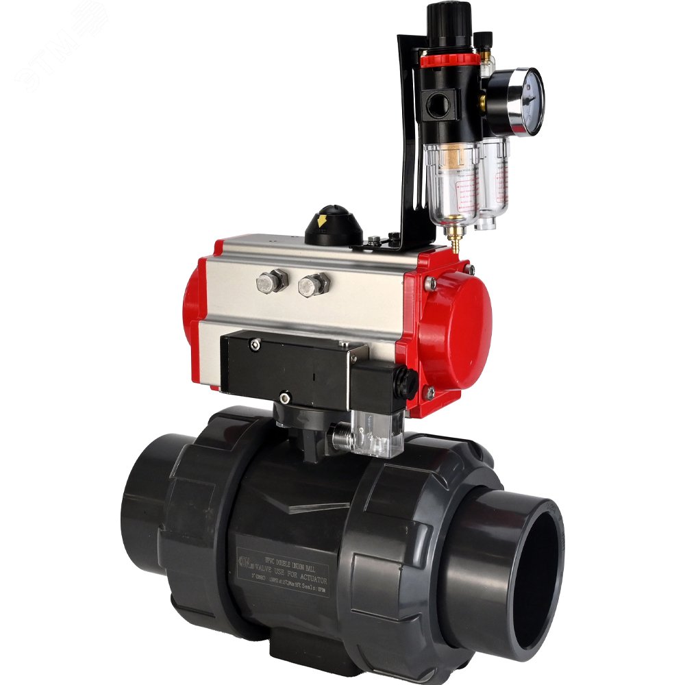 Изображение товара Кран шаровой НПВХ-НПВХ-E-FP-GRM-ISO Дн32 Ру10 полнопроходной, корпус НПВХ, шар НПВХ, уплотнение EPDM, с пневмоприводом DA-052, пневмораспределителем PND2-S1EM-52-1NC-J08-220VAC и БПВ APU1-10-40-V08 (шт)