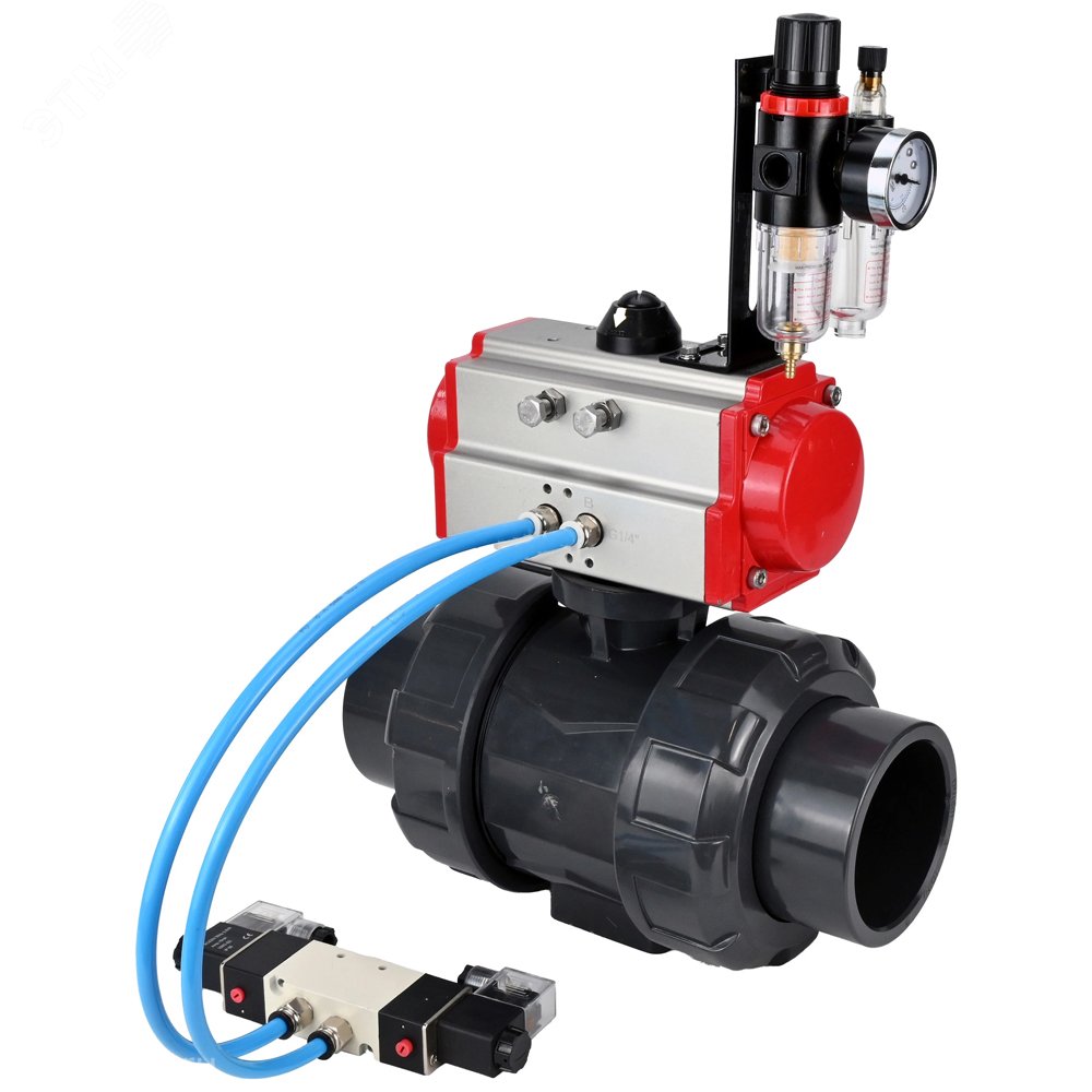 Изображение товара Кран шаровой НПВХ полнопроходной с пневмоприводом Дн15 Ру10 Россия