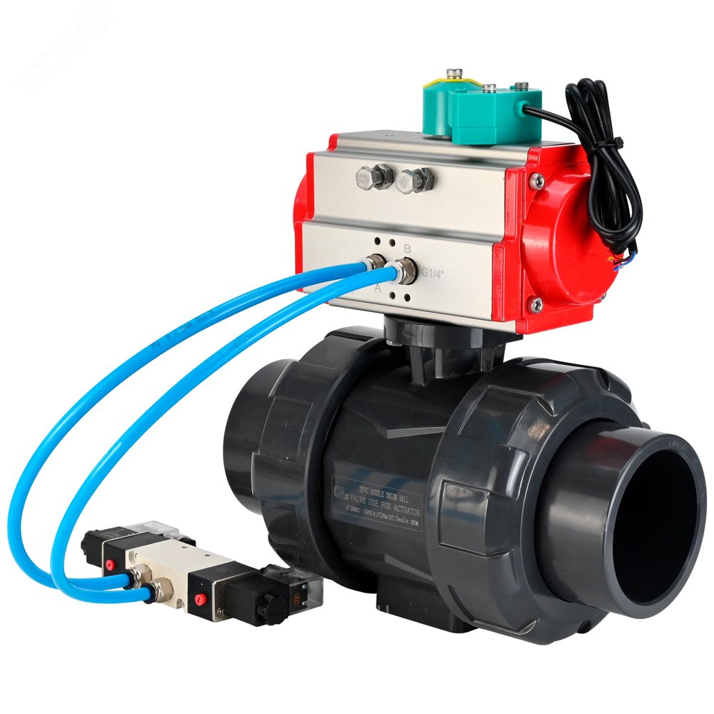 Изображение товара Кран шаровой НПВХ с пневмоприводом и магнитным переключателем