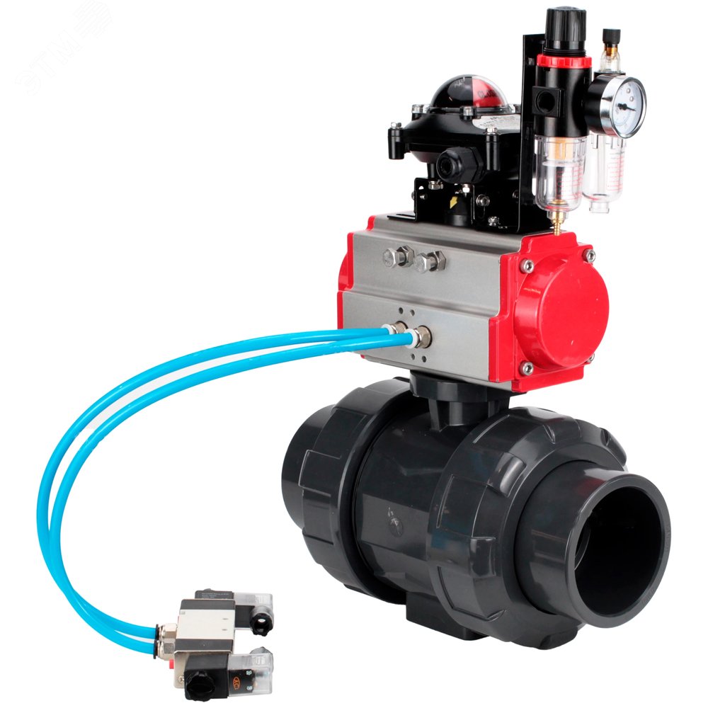 Изображение товара Кран шаровой НПВХ-НПВХ-E-FP-GRM-ISO Дн32 Ру10 пневмопривод автоматическая регулировка