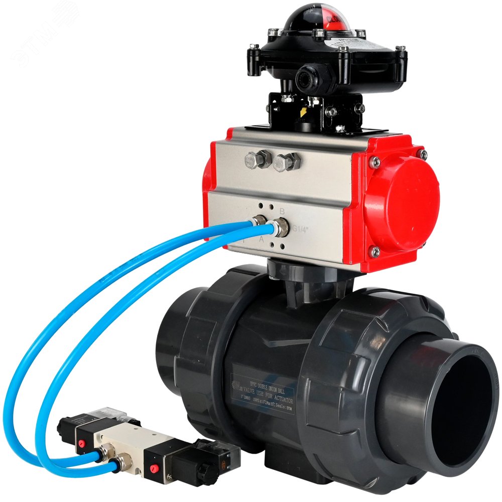 Изображение товара Кран шаровой НПВХ-НПВХ-E-FP-GRM-ISO Дн25 Ру10 с пневмоприводом и корпусом из нПВХ