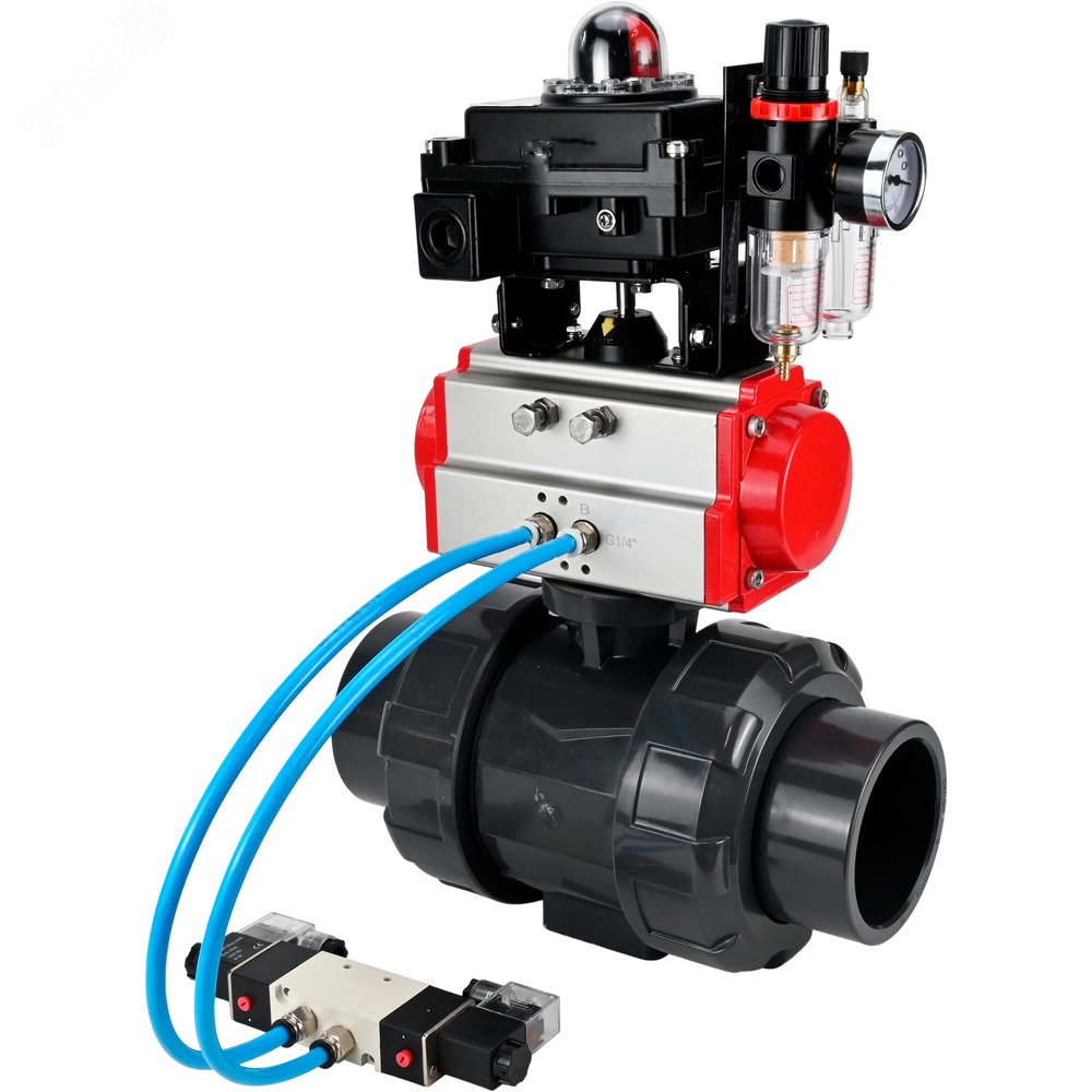 Изображение товара Кран шаровой НПВХ полнопроходной диаметр 100 мм с пневмоприводом и муфтовым соединением