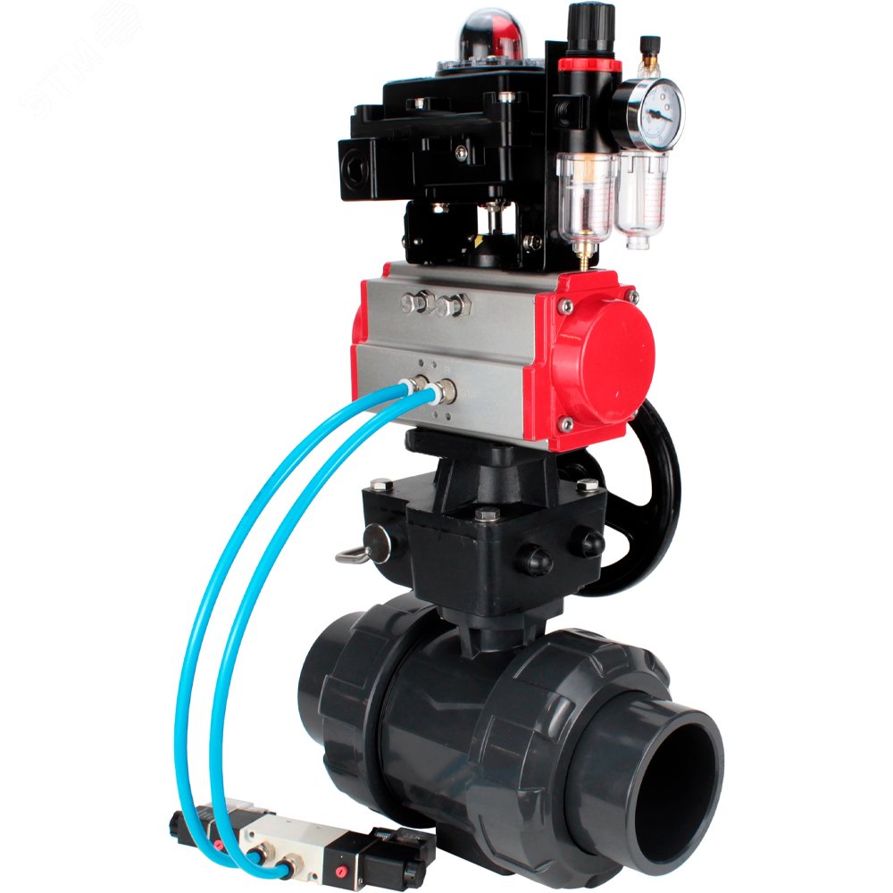 Изображение товара Кран шаровой НПВХ полнопроходной Dn100 Ру10 пневмопривод и муфтовое соединение