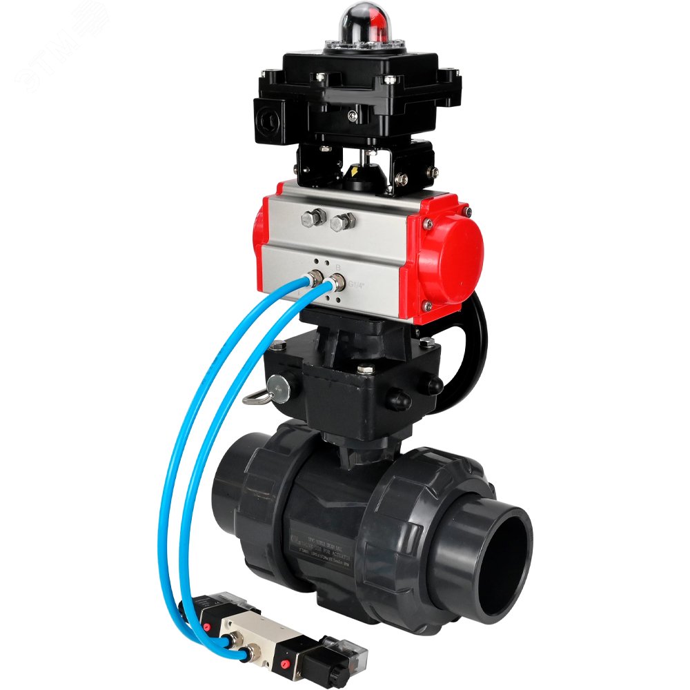 Изображение товара Кран шаровой НПВХ-НПВХ полнопроходной с пневмоприводом Дн32 Ру10