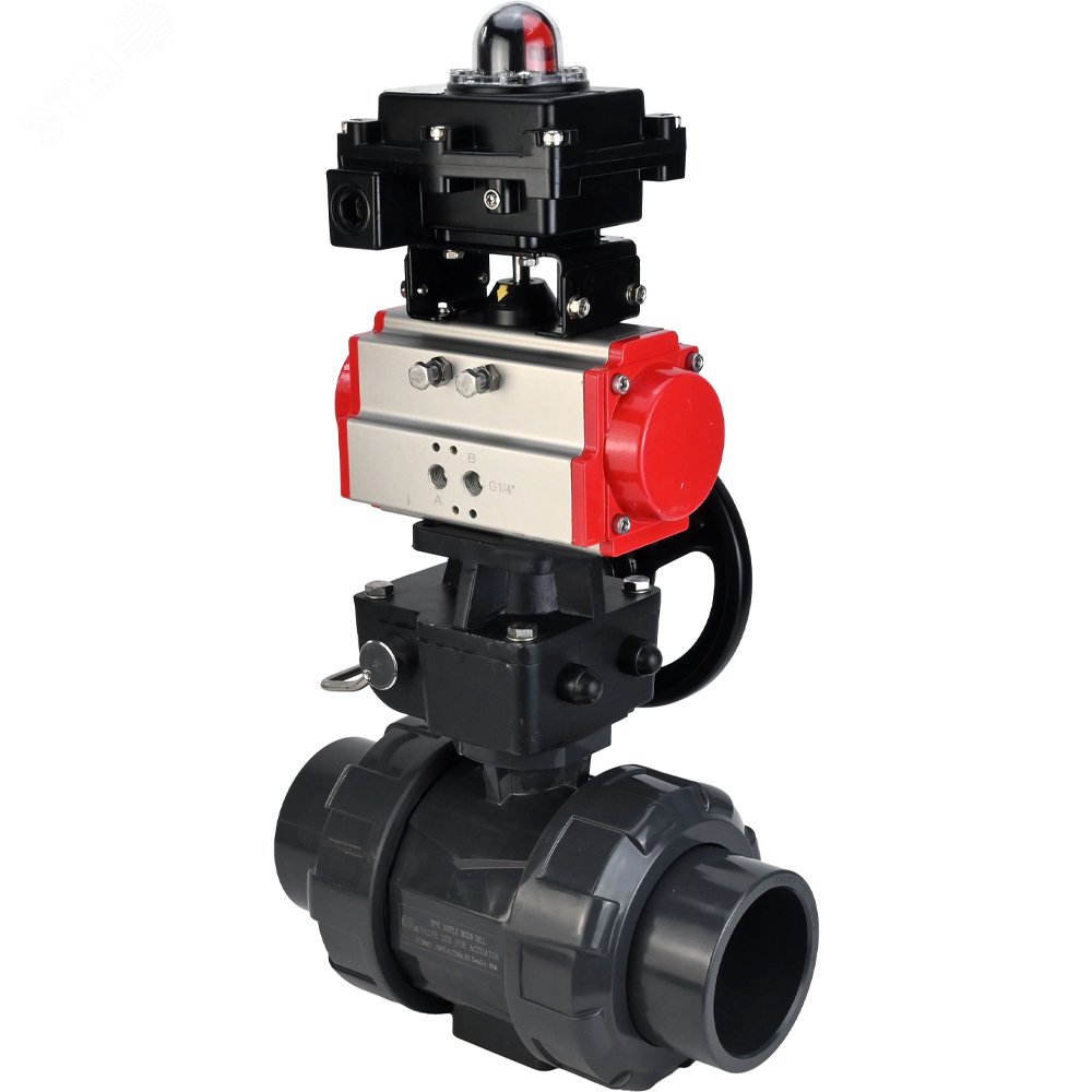 Изображение товара Кран шаровой НПВХ-НПВХ Дн20 Ру10 пневмопривод и ручной дублер