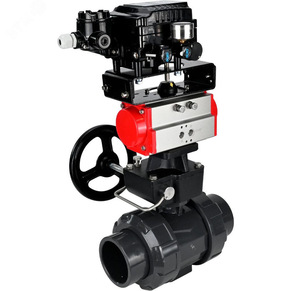 Изображение товара Кран шаровой НПВХ-НПВХ Дн65 Ру10 пневмопривод ручной дублер IP67