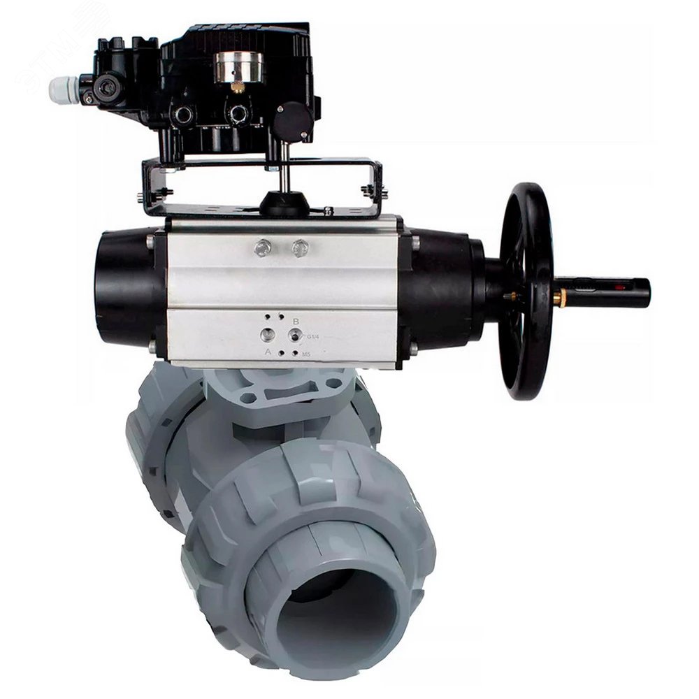 Изображение товара Кран шаровой НПВХ полнопроходной Дн65 Ру10 с пневмоприводом и позиционером