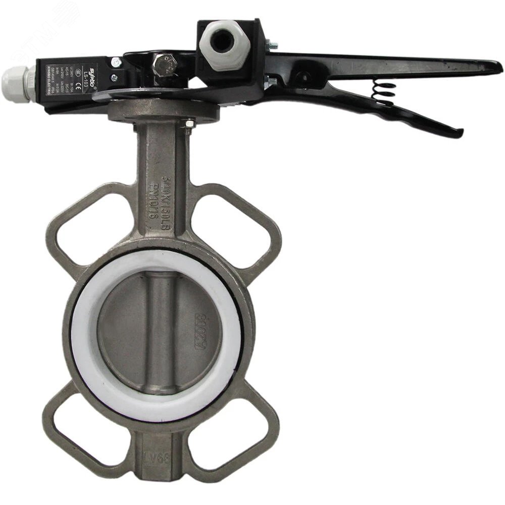 Изображение товара Затвор дисковый поворотный 316L-316L-PTFE Ду100 Ру16 корпус и диск нержавеющая сталь 316L, уплотнение PTFE, с рукояткой, с двумя концевыми датчиками LS-103-41NM2-250 и кронштейном для крепления концевых выключателей (шт)